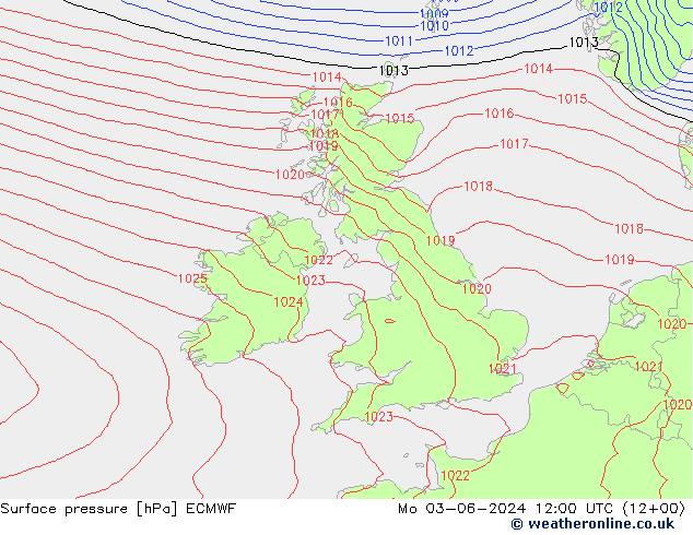 Surface pressure ECMWF Mo 03.06.2024 12 UTC