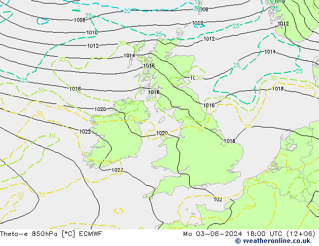 Theta-e 850hPa ECMWF Po 03.06.2024 18 UTC