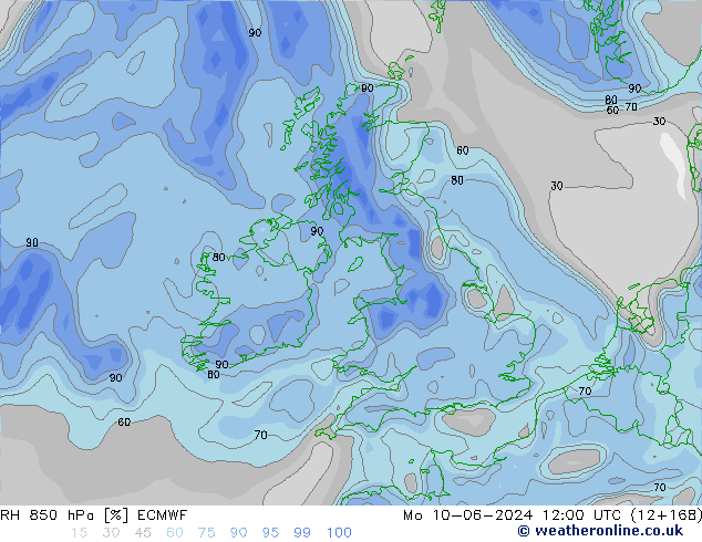 RH 850 hPa ECMWF pon. 10.06.2024 12 UTC