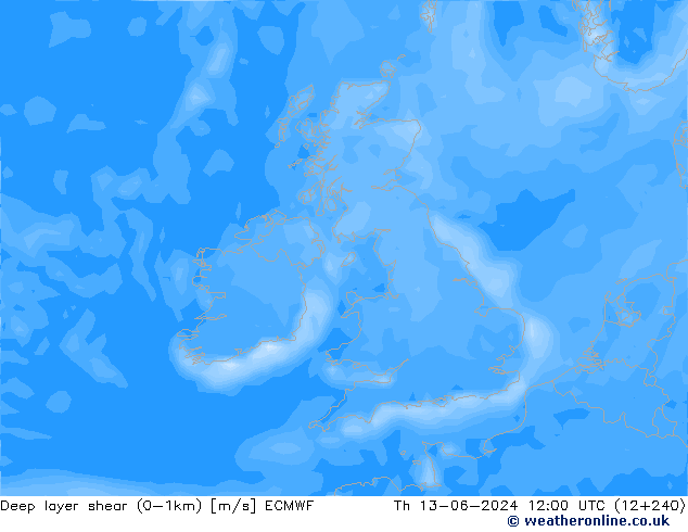 Deep layer shear (0-1km) ECMWF jue 13.06.2024 12 UTC