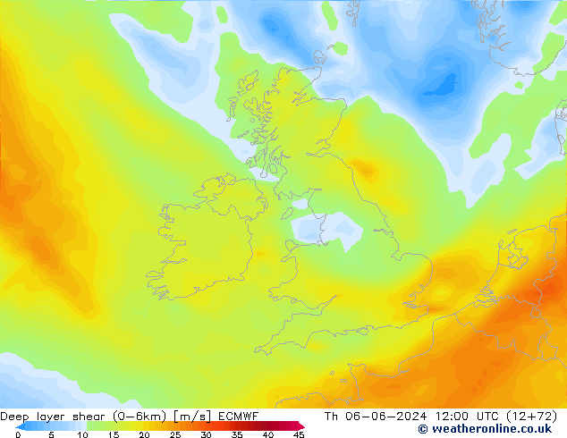 Deep layer shear (0-6km) ECMWF Th 06.06.2024 12 UTC