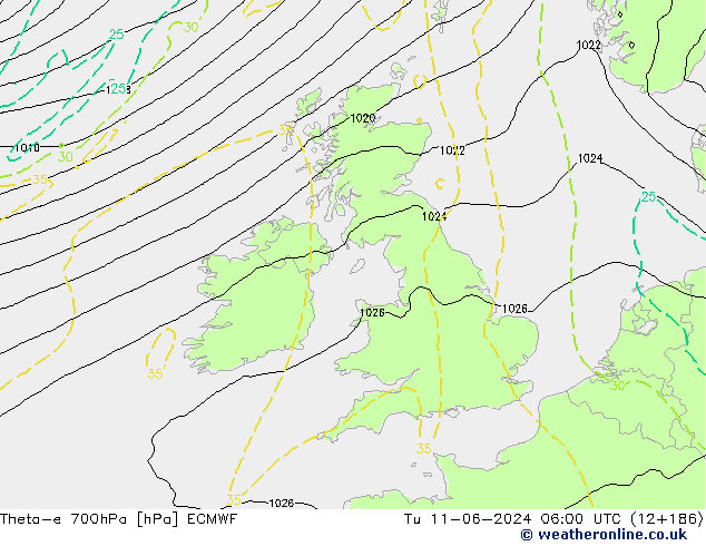 Theta-e 700hPa ECMWF Tu 11.06.2024 06 UTC