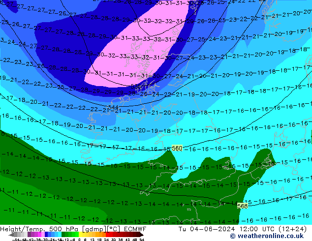 Z500/Rain (+SLP)/Z850 ECMWF вт 04.06.2024 12 UTC