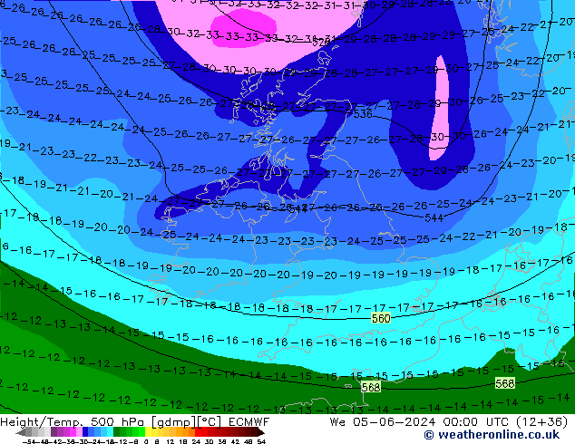 Z500/Rain (+SLP)/Z850 ECMWF mer 05.06.2024 00 UTC