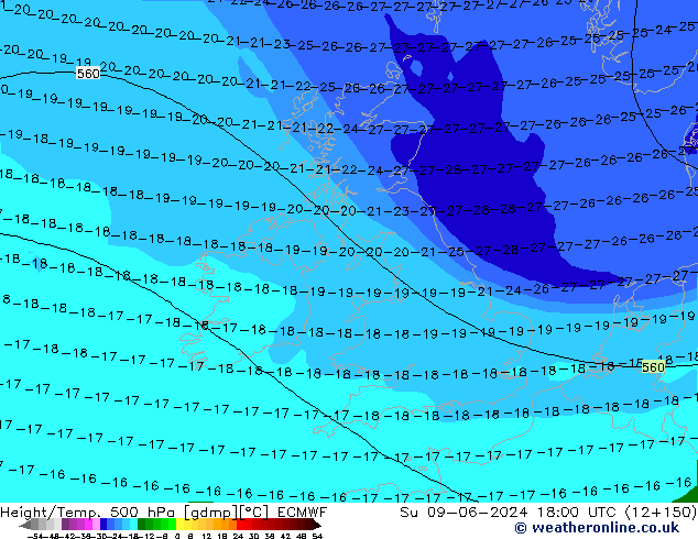 Z500/Rain (+SLP)/Z850 ECMWF Su 09.06.2024 18 UTC