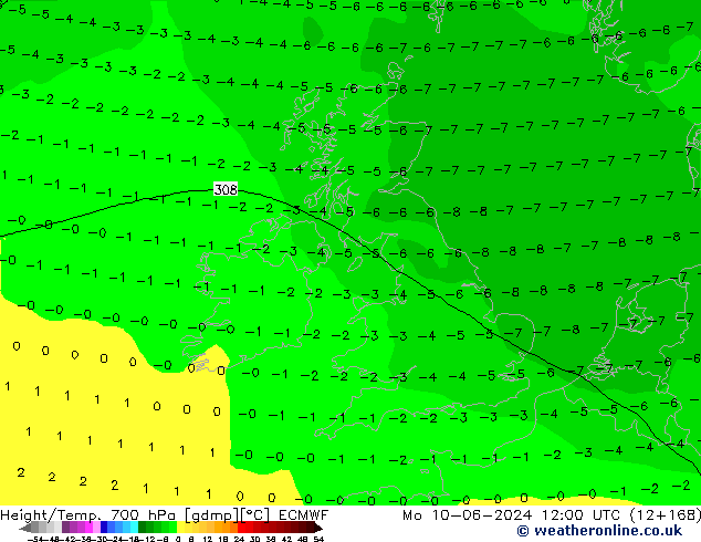 Height/Temp. 700 hPa ECMWF Mo 10.06.2024 12 UTC