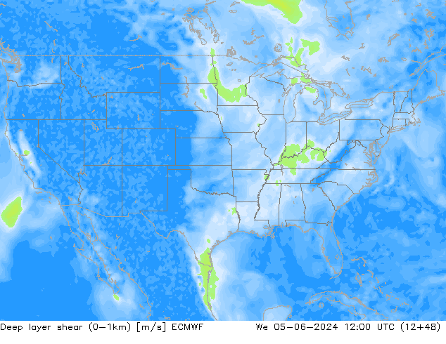 Deep layer shear (0-1km) ECMWF We 05.06.2024 12 UTC