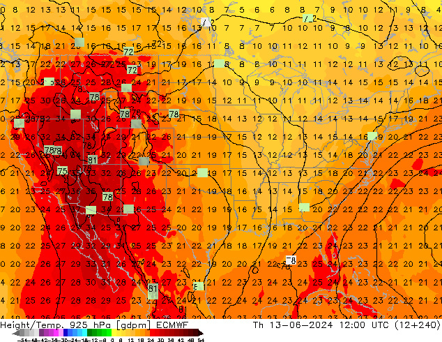 Height/Temp. 925 hPa ECMWF Qui 13.06.2024 12 UTC