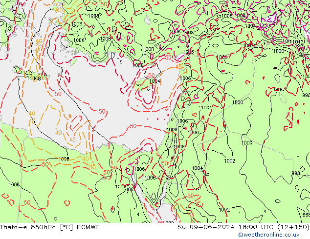 Theta-e 850hPa ECMWF So 09.06.2024 18 UTC