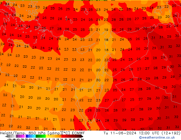 Yükseklik/Sıc. 850 hPa ECMWF Sa 11.06.2024 12 UTC