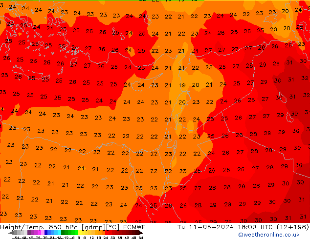 Height/Temp. 850 hPa ECMWF Tu 11.06.2024 18 UTC