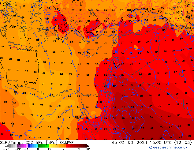 SLP/Temp. 850 гПа ECMWF пн 03.06.2024 15 UTC