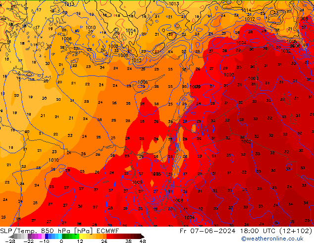 SLP/Temp. 850 hPa ECMWF Sex 07.06.2024 18 UTC