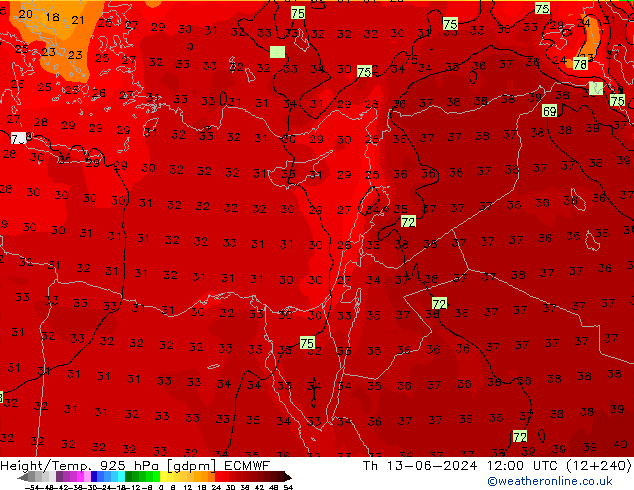 Height/Temp. 925 hPa ECMWF Do 13.06.2024 12 UTC