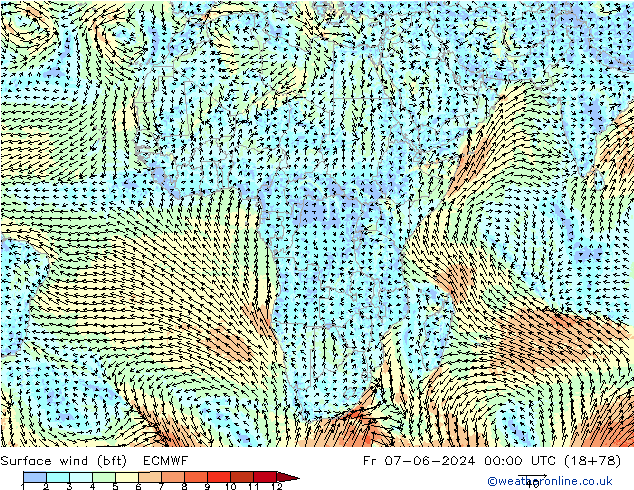 Viento 10 m (bft) ECMWF vie 07.06.2024 00 UTC