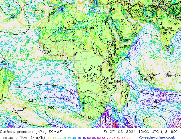 Isotachs (kph) ECMWF ven 07.06.2024 12 UTC