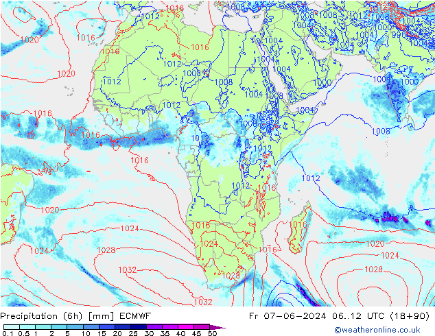 Totale neerslag (6h) ECMWF vr 07.06.2024 12 UTC