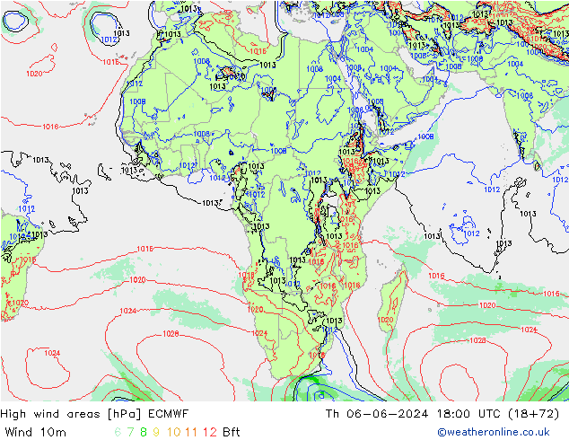 High wind areas ECMWF jue 06.06.2024 18 UTC