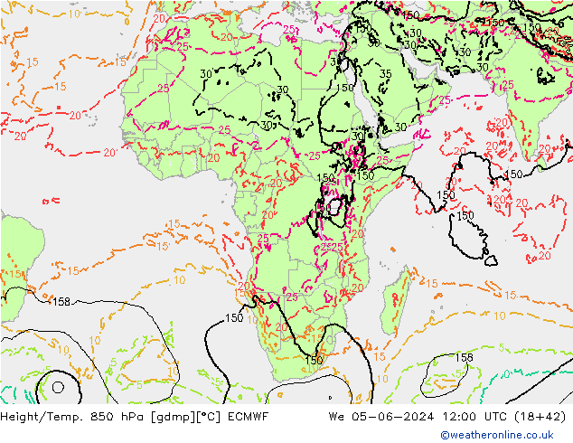 Géop./Temp. 850 hPa ECMWF mer 05.06.2024 12 UTC