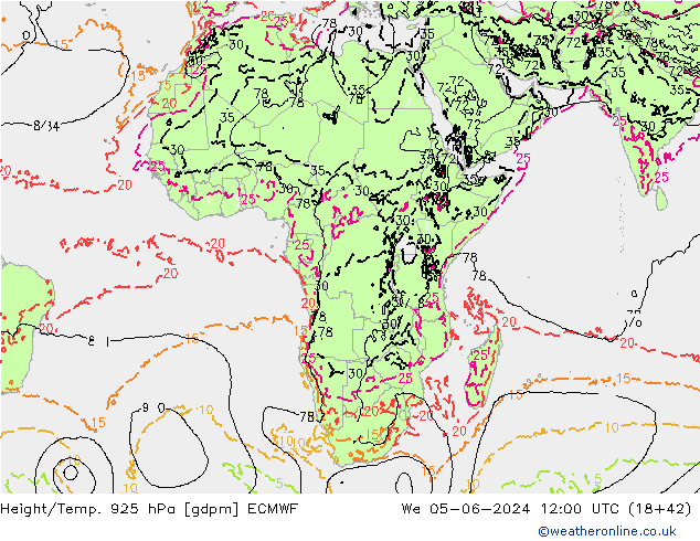 Height/Temp. 925 hPa ECMWF We 05.06.2024 12 UTC