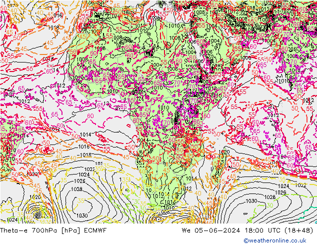 Theta-e 700hPa ECMWF mer 05.06.2024 18 UTC