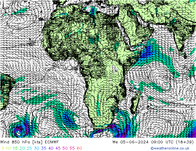 Viento 850 hPa ECMWF mié 05.06.2024 09 UTC