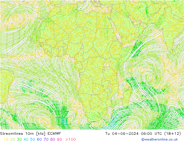 Línea de corriente 10m ECMWF mar 04.06.2024 06 UTC