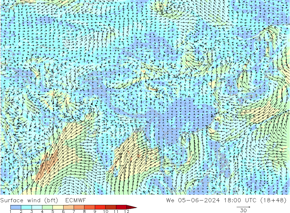 Surface wind (bft) ECMWF We 05.06.2024 18 UTC