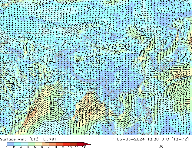 Vent 10 m (bft) ECMWF jeu 06.06.2024 18 UTC