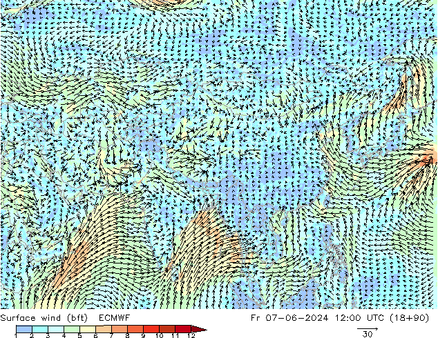 Surface wind (bft) ECMWF Fr 07.06.2024 12 UTC