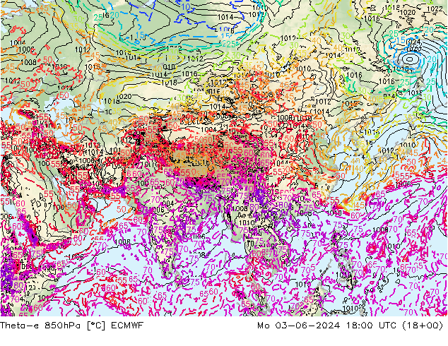 Theta-e 850hPa ECMWF Mo 03.06.2024 18 UTC