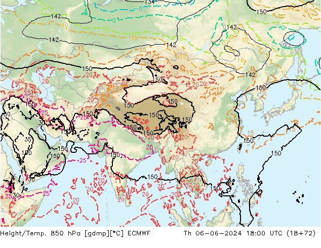 Height/Temp. 850 hPa ECMWF Čt 06.06.2024 18 UTC