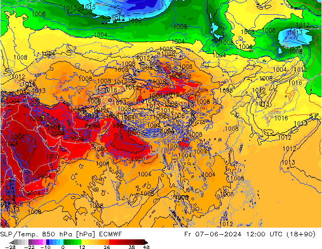 SLP/Temp. 850 hPa ECMWF vie 07.06.2024 12 UTC