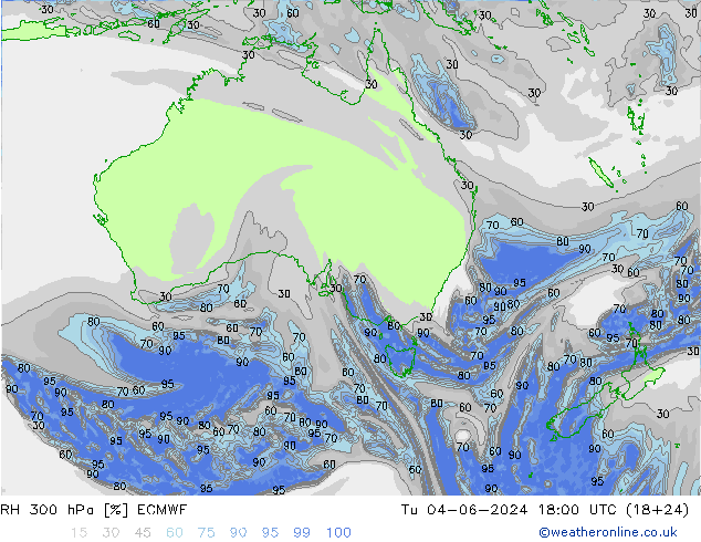 RH 300 гПа ECMWF вт 04.06.2024 18 UTC