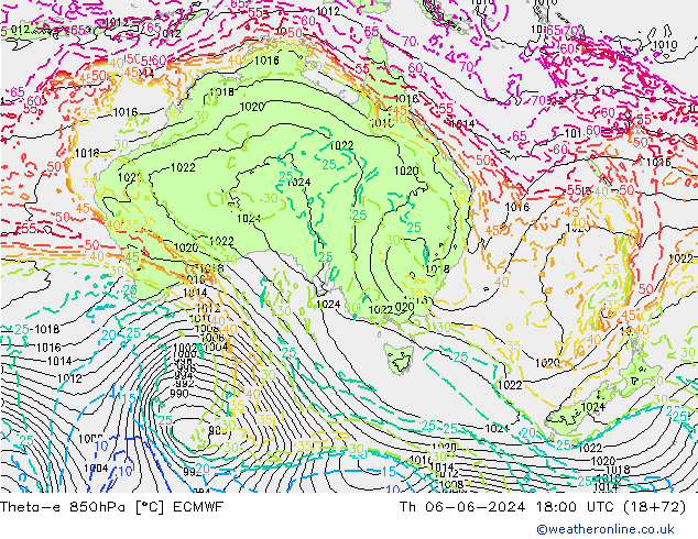 Theta-e 850hPa ECMWF gio 06.06.2024 18 UTC