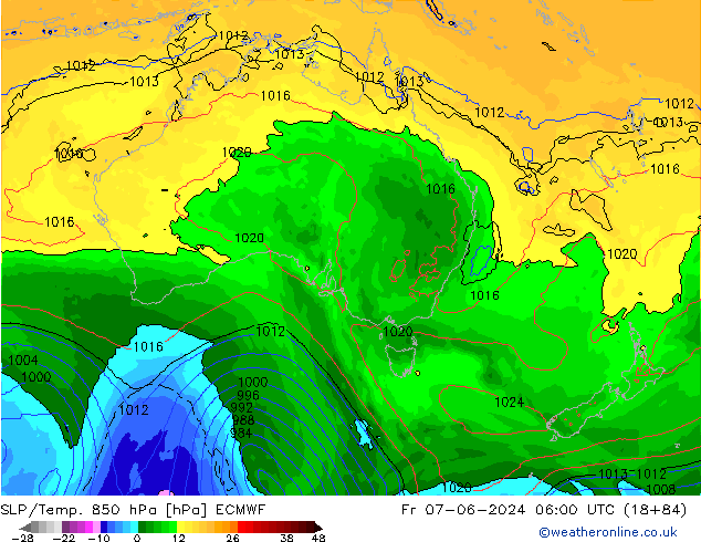 SLP/Temp. 850 hPa ECMWF vr 07.06.2024 06 UTC