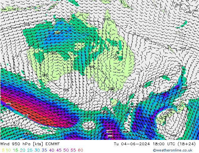 ветер 950 гПа ECMWF вт 04.06.2024 18 UTC