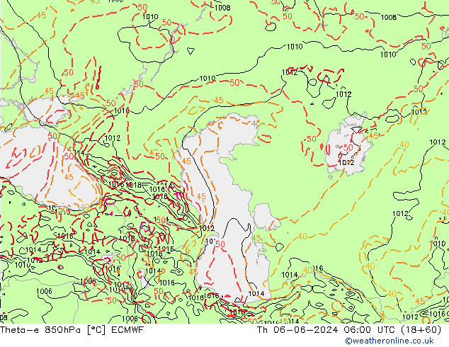 Theta-e 850hPa ECMWF jue 06.06.2024 06 UTC