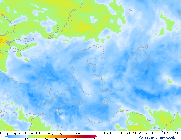 Deep layer shear (0-6km) ECMWF wto. 04.06.2024 21 UTC