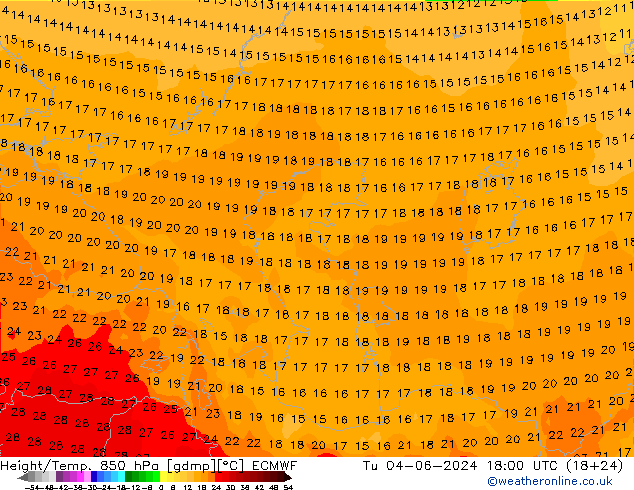 Height/Temp. 850 hPa ECMWF wto. 04.06.2024 18 UTC