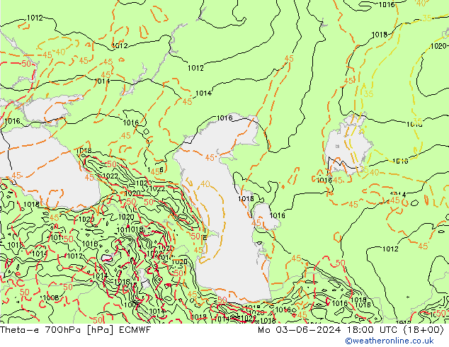 Theta-e 700hPa ECMWF pon. 03.06.2024 18 UTC