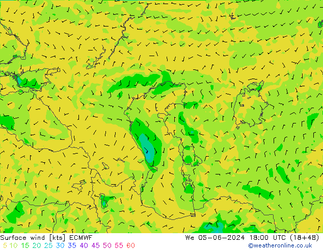 Vento 10 m ECMWF Qua 05.06.2024 18 UTC