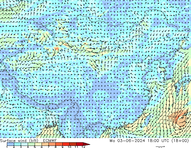 �N 10 米 (bft) ECMWF 星期一 03.06.2024 18 UTC