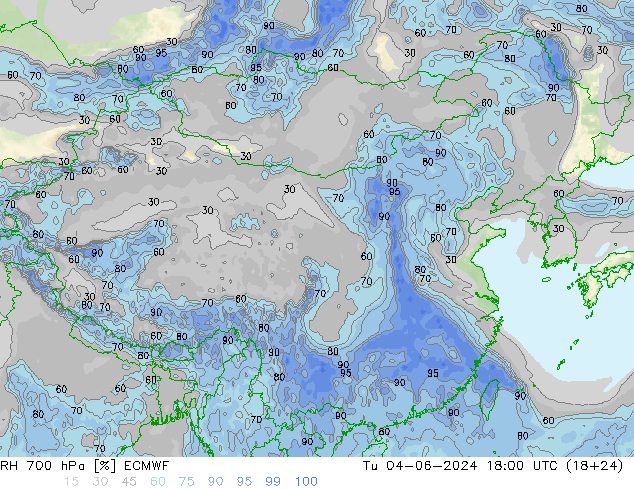 RH 700 hPa ECMWF Tu 04.06.2024 18 UTC
