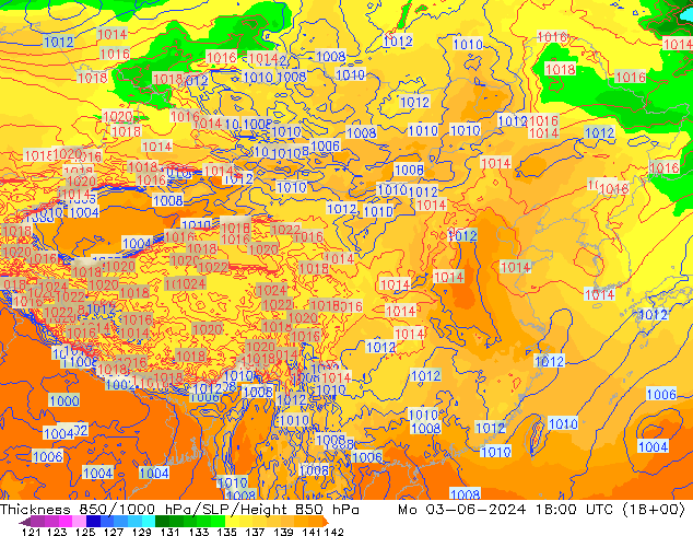 Espesor 850-1000 hPa ECMWF lun 03.06.2024 18 UTC