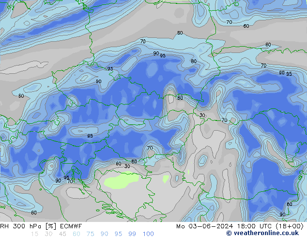 Humidité rel. 300 hPa ECMWF lun 03.06.2024 18 UTC