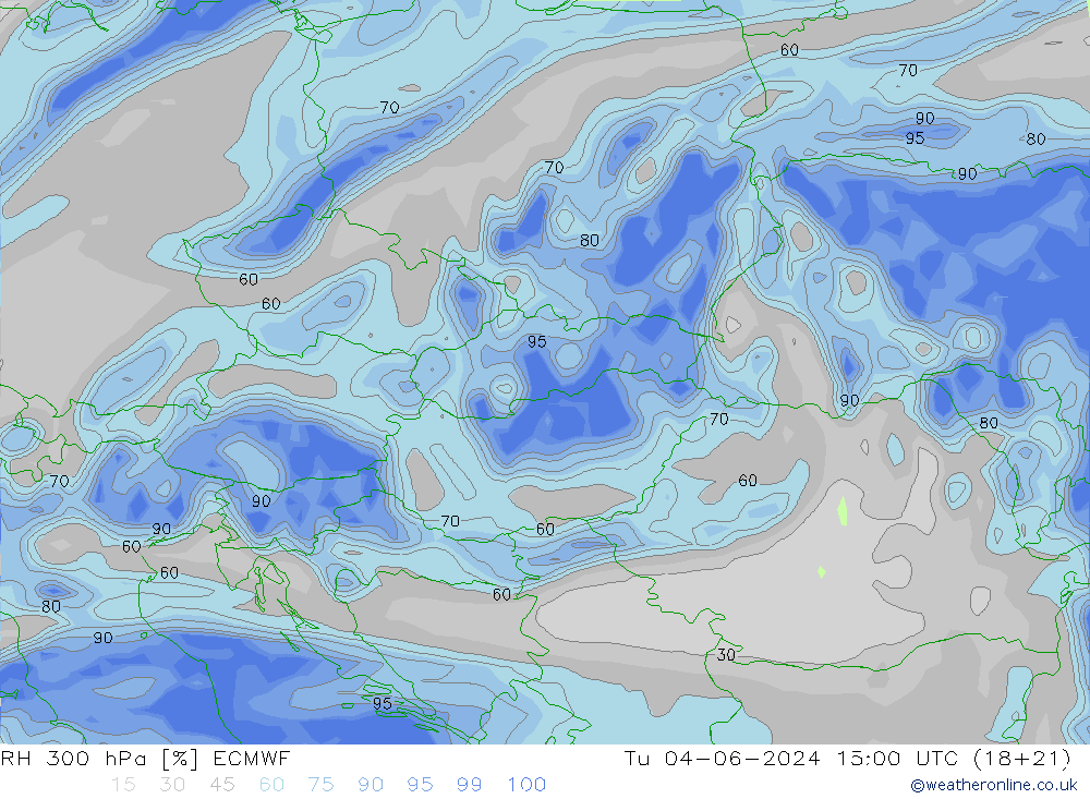 Humidité rel. 300 hPa ECMWF mar 04.06.2024 15 UTC