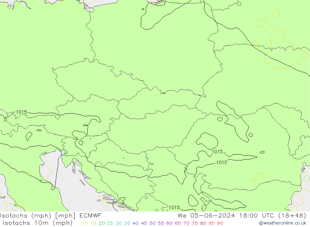 Isotachs (mph) ECMWF mer 05.06.2024 18 UTC