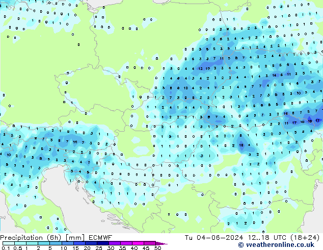 Précipitation (6h) ECMWF mar 04.06.2024 18 UTC