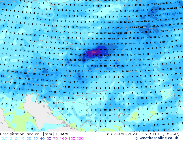 Totale neerslag ECMWF vr 07.06.2024 12 UTC